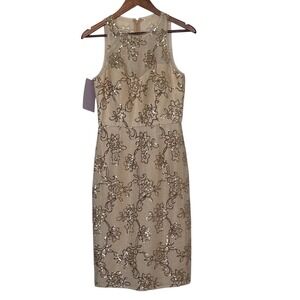 JS Collections Beaded Cocktail Dress Beige Gold Sleeveless Size 6 NWT